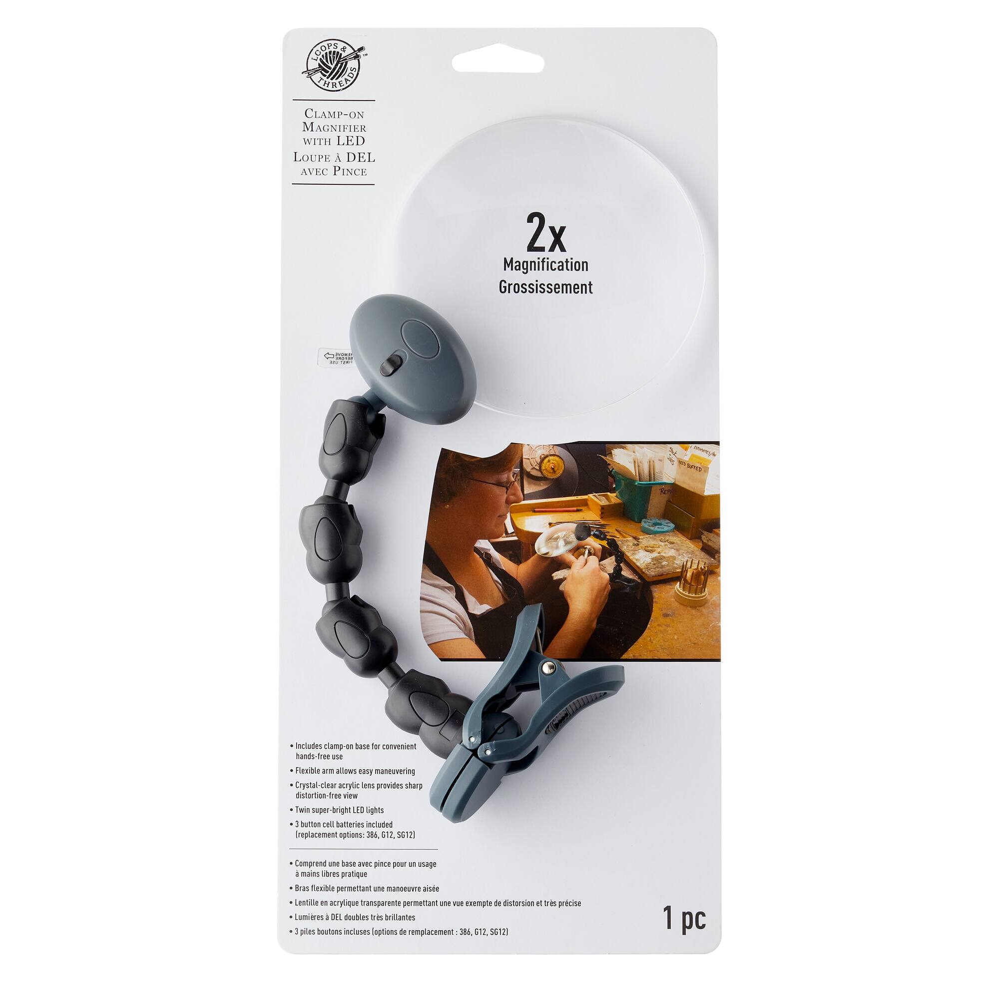 6 Pack: Small Clamp-On Magnifier with LED by Loops & Threads®